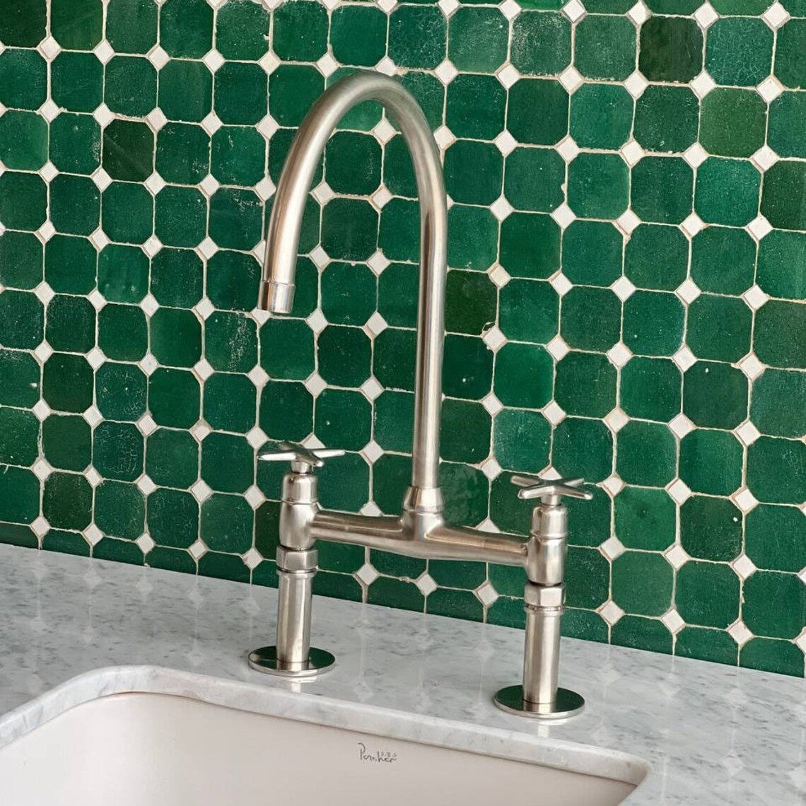 Nickel 8" Bridge Faucet, Vintage Kitchen Faucet, Bridge Faucet with Cross Handles and Straight Legs, Kitchen Faucet With Hand Sprayer Faucet