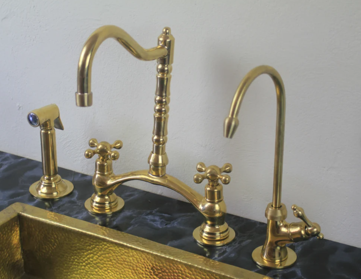 victorian classic kitchen bridge faucet with side sprayer & cold water faucet ,modern unlacquered brass bridge faucet