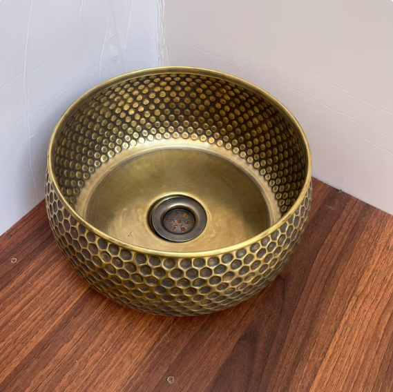 14"x6" inch Modern Custom Made Brushed Brass bathroom sink, Vessel Copper Sink, Copper Drain Included