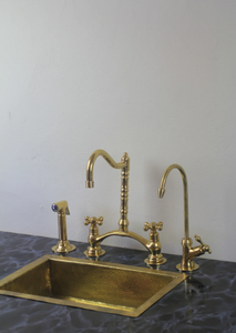 victorian classic kitchen bridge faucet with side sprayer & cold water faucet ,modern unlacquered brass bridge faucet
