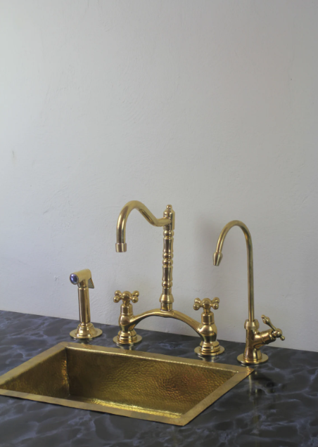 victorian classic kitchen bridge faucet with side sprayer & cold water faucet ,modern unlacquered brass bridge faucet