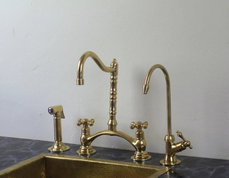 victorian classic kitchen bridge faucet with side sprayer & cold water faucet ,modern unlacquered brass bridge faucet
