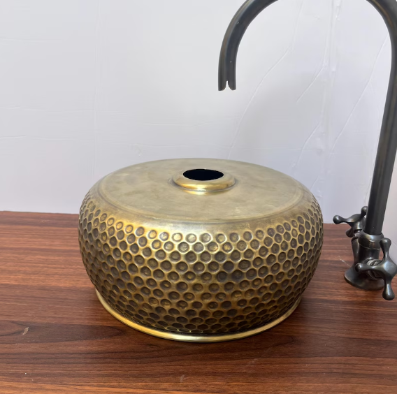 14"x6" inch Modern Custom Made Brushed Brass bathroom sink, Vessel Copper Sink, Copper Drain Included