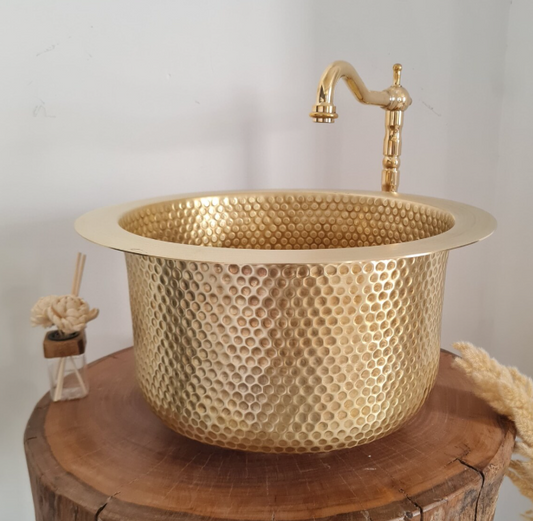 Custom Made 12" Brass Bar Sink & Brass Drain Basket - 12" Wet Area Bar Sink - Bee Hammered Brass Sink
