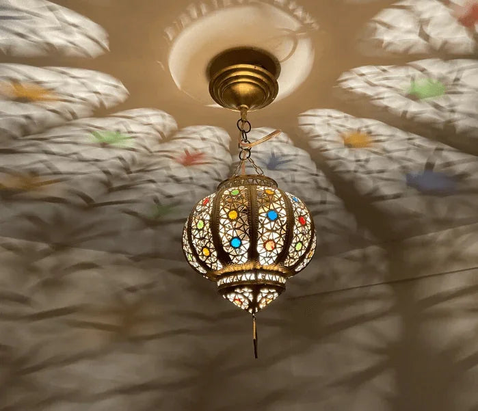 Small Moroccan ceiling light with glass, Moroccan hanging lantern, small Moroccan chandelier, brass ceiling light / COLORED CHANDELIERS