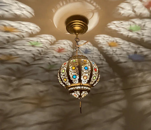 Small Moroccan ceiling light with glass, Moroccan hanging lantern, small Moroccan chandelier, brass ceiling light / COLORED CHANDELIERS