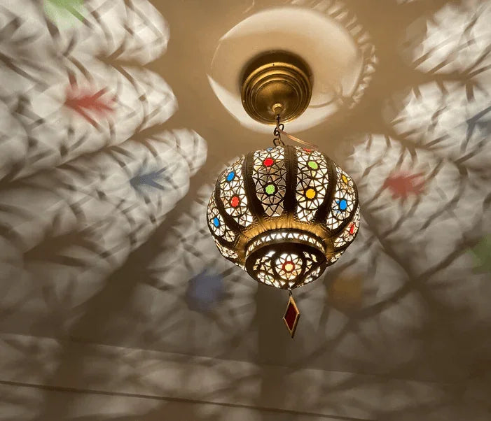 Small Moroccan ceiling light with glass, Moroccan hanging lantern, small Moroccan chandelier, brass ceiling light / COLORED CHANDELIERS