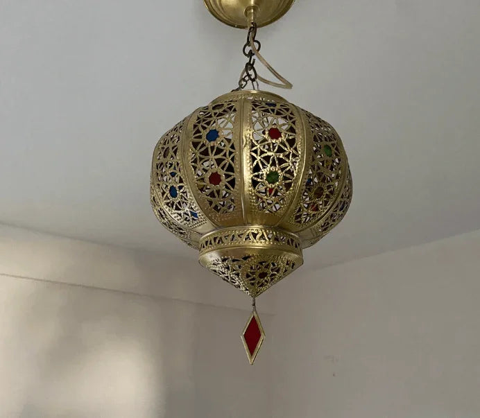 Small Moroccan ceiling light with glass, Moroccan hanging lantern, small Moroccan chandelier, brass ceiling light / COLORED CHANDELIERS