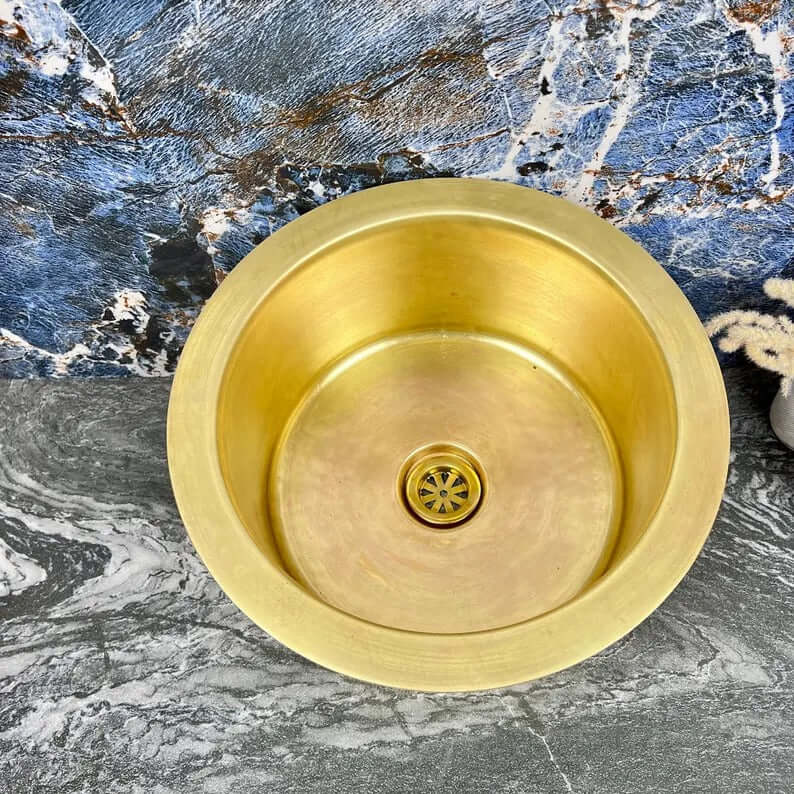 Hand-Hammered Unlacquered Brass Round Bar Sink with Drain – Handmade Solid Brass Basin - Round Drop In Farmhouse Vessel Sink