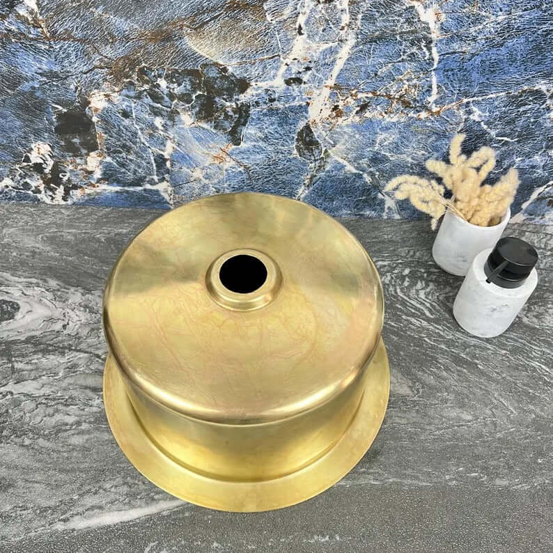 Hand-Hammered Unlacquered Brass Round Bar Sink with Drain – Handmade Solid Brass Basin - Round Drop In Farmhouse Vessel Sink