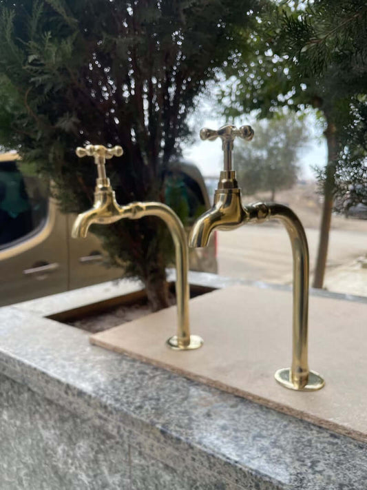 Artisanal Moroccan Brass Bathroom Sink Faucet: Double Handle, Two Cross Handles, Handcrafted for Exquisite Bathroom Décor and Functionality