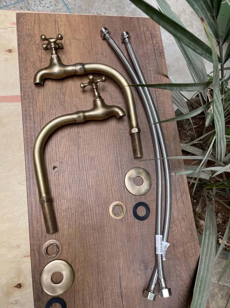 Two Basin faucet in unlacquered brass