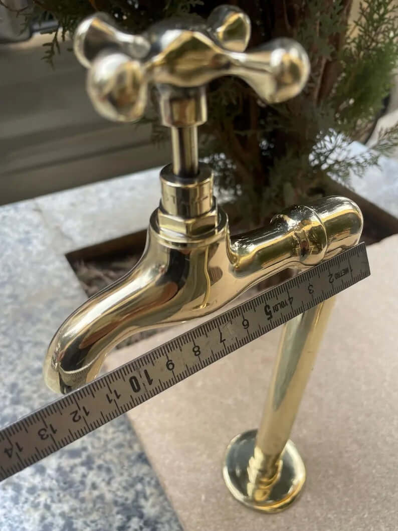 Pair of 2 Unlacquered Brass Wall Mount Water Faucets - Moroccan Inspired Vintage Bathroom Taps with Hammered Finish