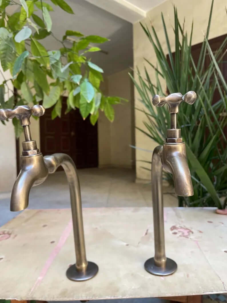 Handcrafted unlacquered brass water dispenser faucets with Victorian design in a lush green setting.