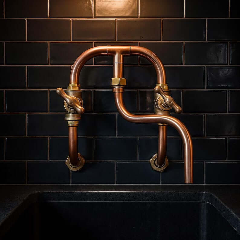 Handmade copper wall mount faucet with industrial design against black tiled backdrop.