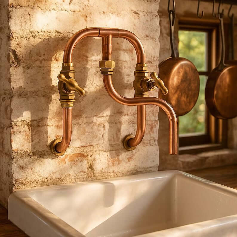 Handmade copper wall mount faucet above a sink in a rustic kitchen, showcasing industrial design and artisan craftsmanship.