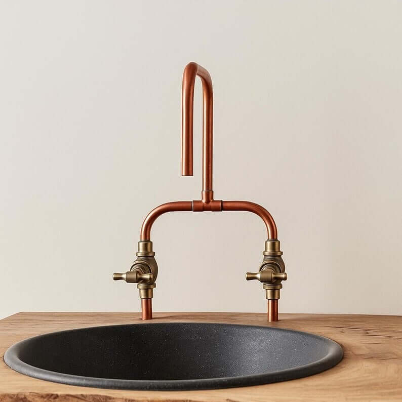 Handmade Copper & Brass Faucet – Handmade Wall Mount or Countertop Mixer Tap – Vintage Rustic Farmhouse Kitchen and Bathroom Sink