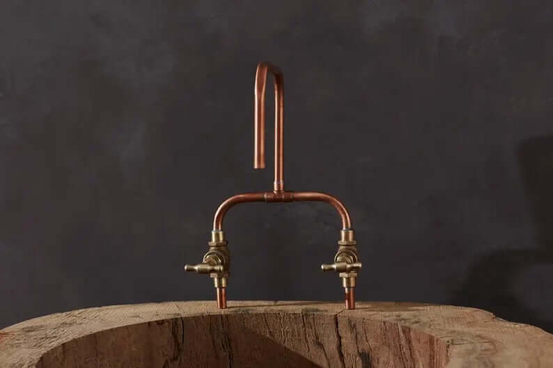 Pure Copper Deck Mount Faucet – Handmade Copper Pipe Tap with Solid Brass Valves, Handmade Farmhouse Kitchen Sink Mixer, Custom Sizes