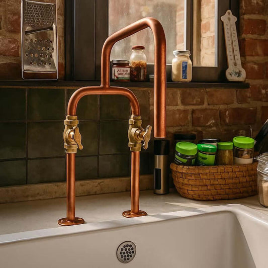 Handmade pure copper deck mount faucet with brass valves, perfect for farmhouse kitchens and rustic interiors.