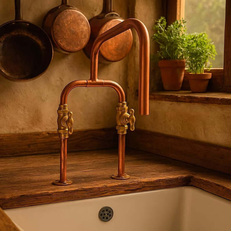 Handmade pure copper deck mount faucet with brass valves in a rustic kitchen setting.