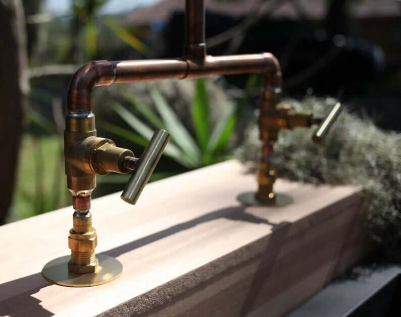 Handmade Copper Faucet with Brass Valves – Handmade Rustic Mixer Tap – Double Handle Hot & Cold Basin or Outdoor Sink Fixture