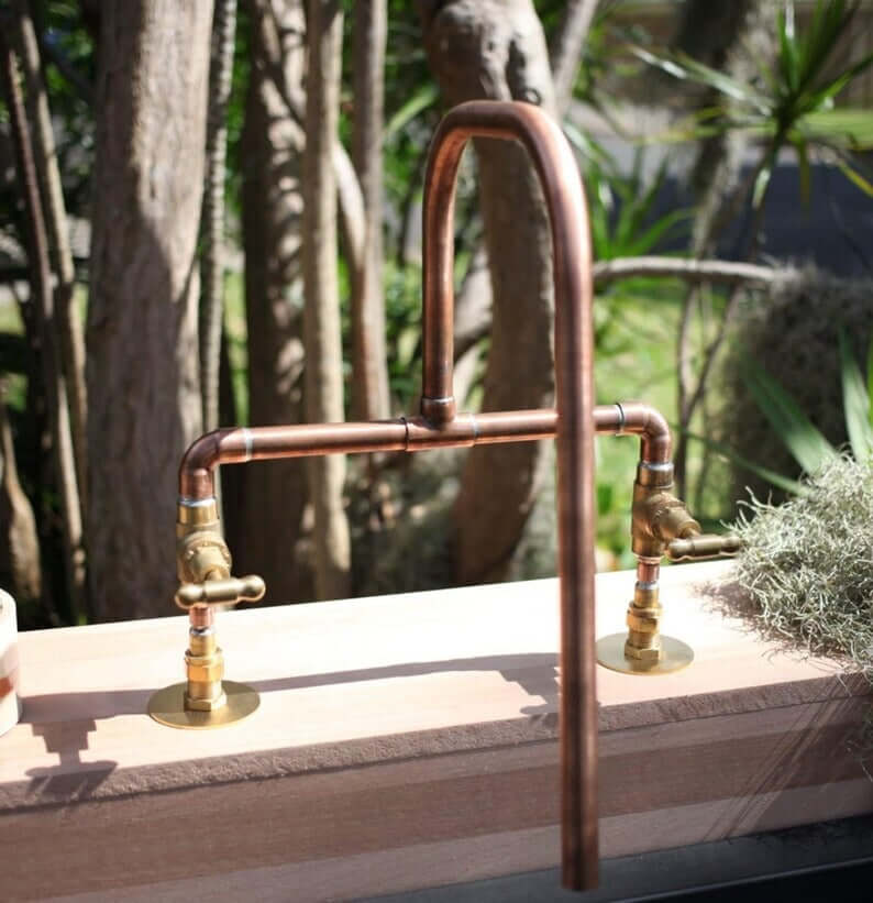 Handmade Copper Faucet with Brass Valves – Handmade Rustic Mixer Tap – Double Handle Hot & Cold Basin or Outdoor Sink Fixture