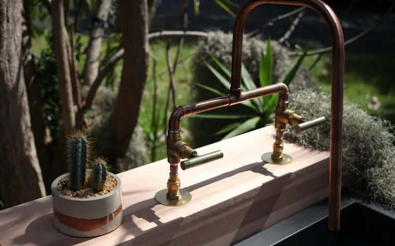 Handmade Copper Faucet with Brass Valves – Handmade Rustic Mixer Tap – Double Handle Hot & Cold Basin or Outdoor Sink Fixture