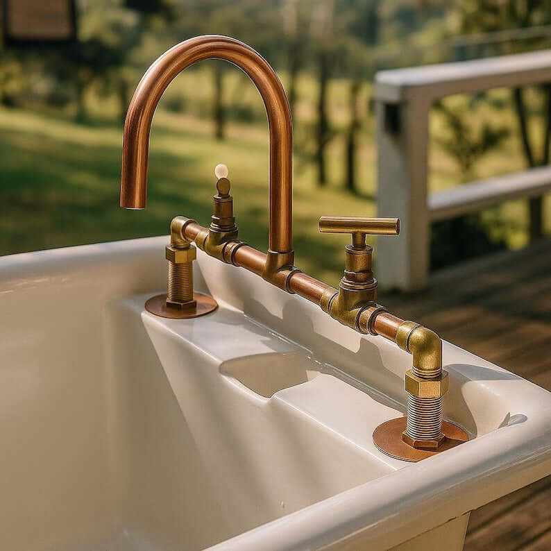 Handmade copper and brass faucet mixer tap installed on a vintage bathtub outdoors, showcasing rustic design.