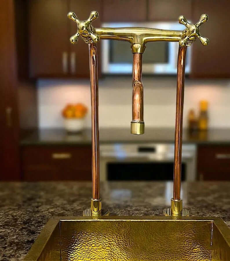 Red Brass Bridge Faucet Antique Uncoated Red Brass Kitchen Faucet | Industrial Farmhouse Sink Faucet | Handmade Solid Red Brass Deck Mount Tap