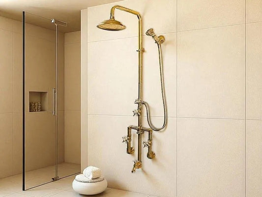 Unlacquered Brass Shower System | Exposed Pipe Rainfall Shower with Handheld Sprayer | Vintage Industrial Bathroom Fixture
