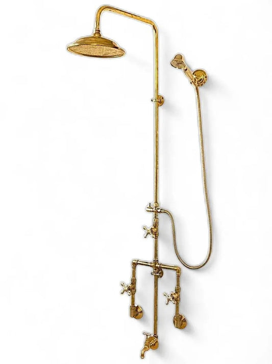 Unlacquered Brass Shower System | Exposed Pipe Rainfall Shower with Handheld Sprayer | Vintage Industrial Bathroom Fixture