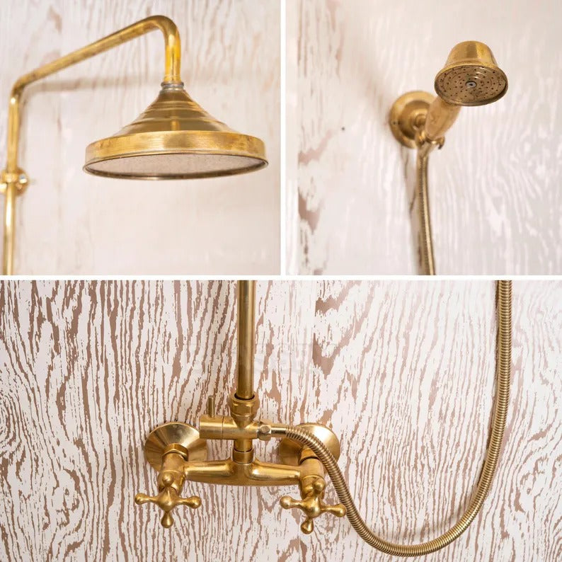 Unlacquered brass shower system featuring rain shower head, handheld sprayer, and dual-handle controls.