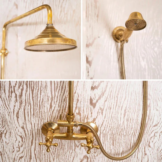 Unlacquered brass shower system featuring rain shower head, handheld sprayer, and dual-handle controls.
