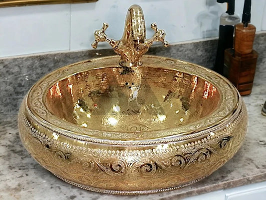 Brass Moroccan sink hammered gold color round+With a free gift faucet/ handmade , moroccan bathroom decor , brass sink
