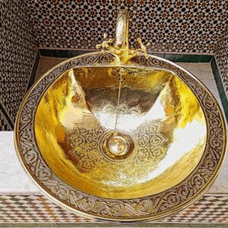 Solid Unlacquered Brass Undermount Sink – Handmade Moroccan Kitchen or Bathroom Sink with Vintage Faucet