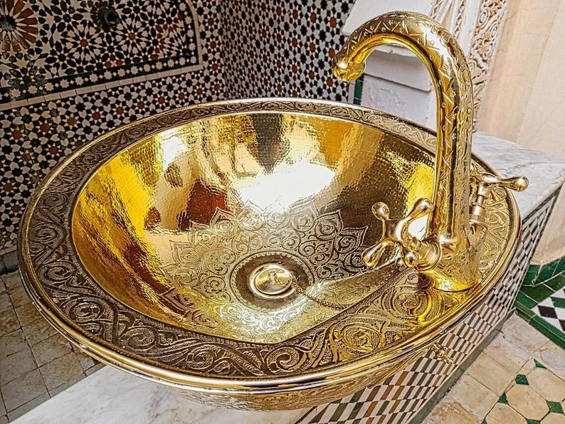 Solid Unlacquered Brass Undermount Sink – Handmade Moroccan Kitchen or Bathroom Sink with Vintage Faucet
