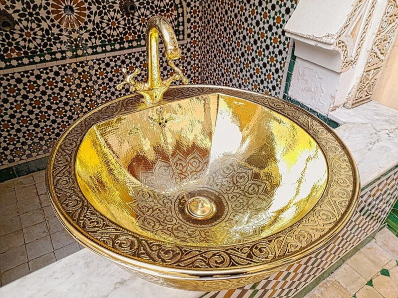 Solid Unlacquered Brass Undermount Sink – Handmade Moroccan Kitchen or Bathroom Sink with Vintage Faucet