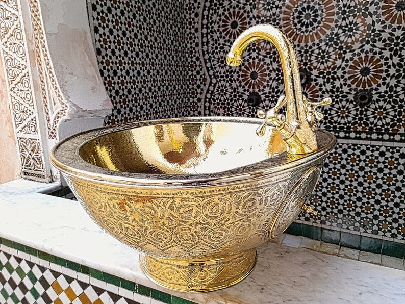 Solid Unlacquered Brass Undermount Sink – Handmade Moroccan Kitchen or Bathroom Sink with Vintage Faucet