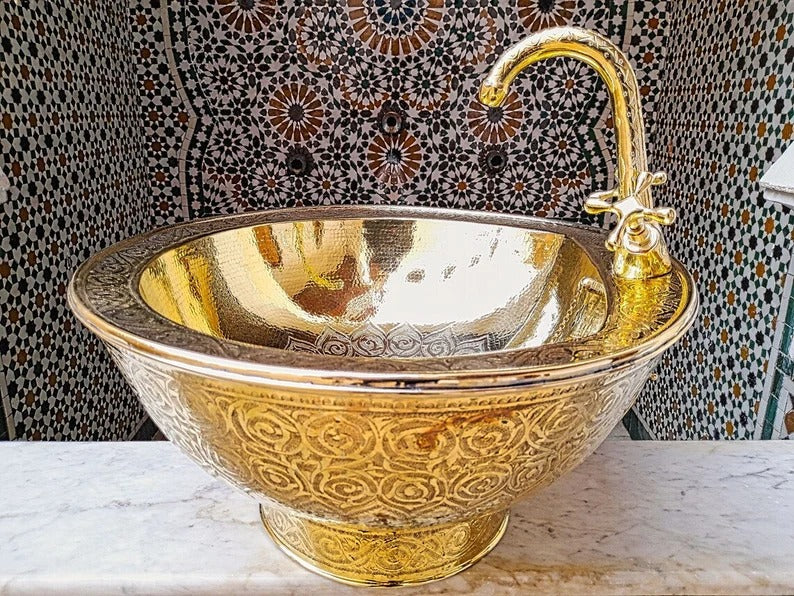 Solid Unlacquered Brass Undermount Sink – Handmade Moroccan Kitchen or Bathroom Sink with Vintage Faucet