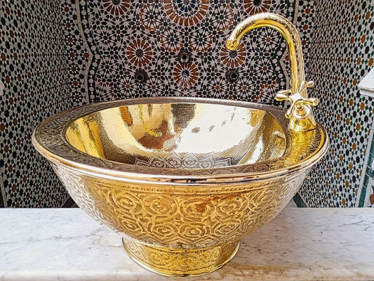 Solid Unlacquered Brass Undermount Sink – Handmade Moroccan Kitchen or Bathroom Sink with Vintage Faucet