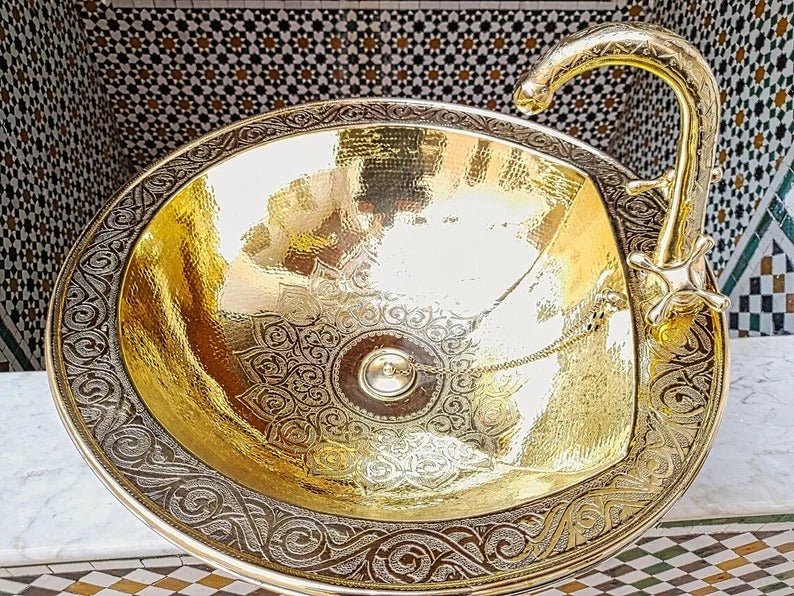 Solid Unlacquered Brass Undermount Sink – Handmade Moroccan Kitchen or Bathroom Sink with Vintage Faucet