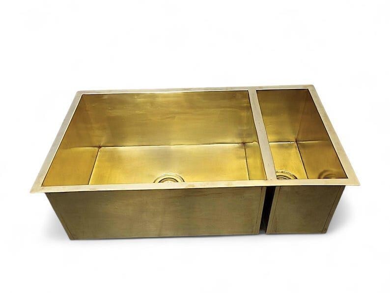 Handmade brass double square sink - Solid brass sink with two compartments, ideal for kitchen or outdoor use.