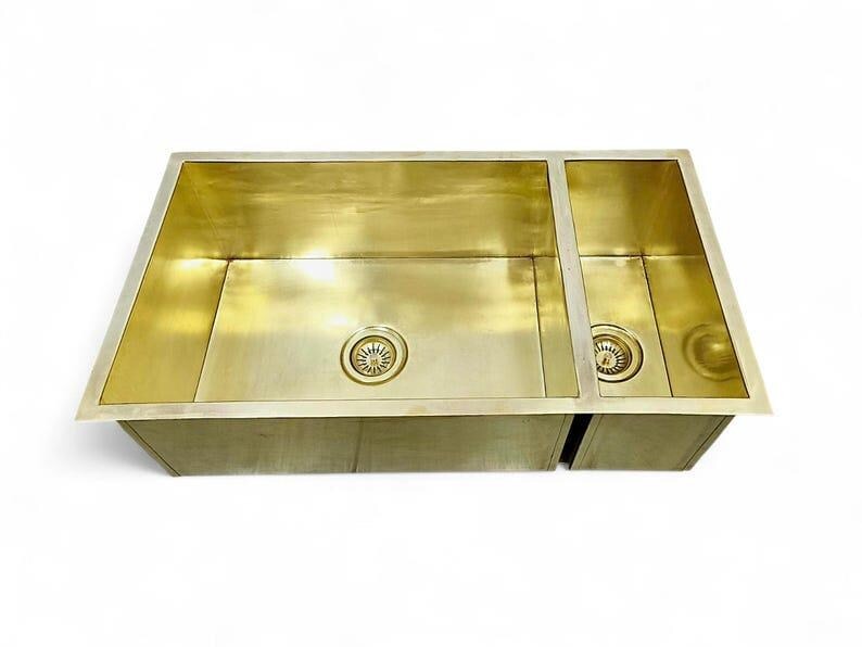 Handmade brass double square sink featuring solid brass construction and integrated drain, perfect for kitchens or outdoor spaces.