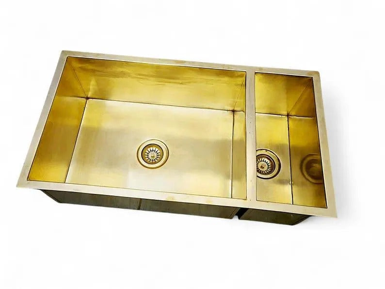 Handmade brass double square sink with an unlacquered copper look, perfect for Moroccan kitchen and outdoor garden decor.