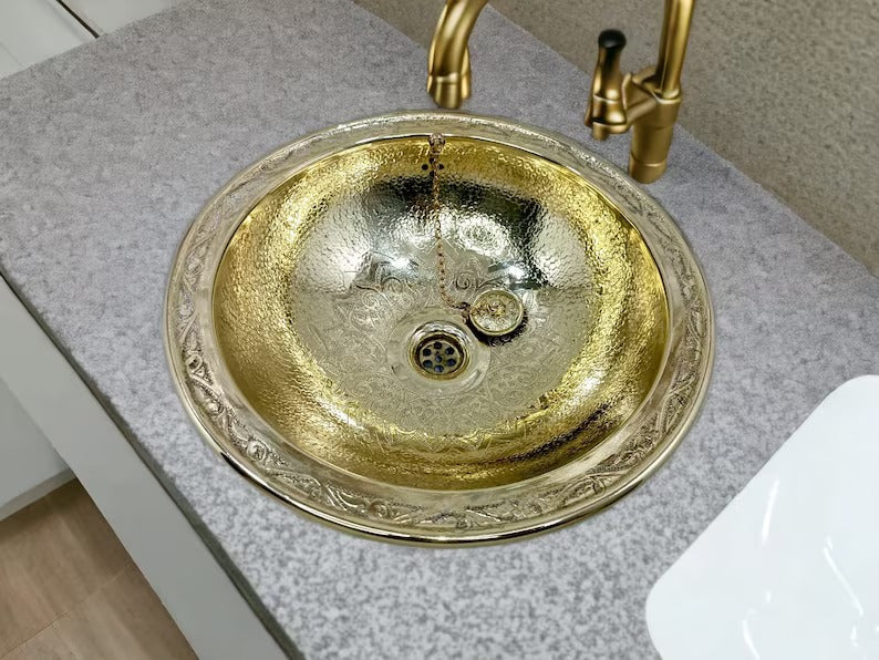 Custom Handmade Brass Sink – Solid Round Vessel Basin for Bathroom – Moroccan Artisanal Design