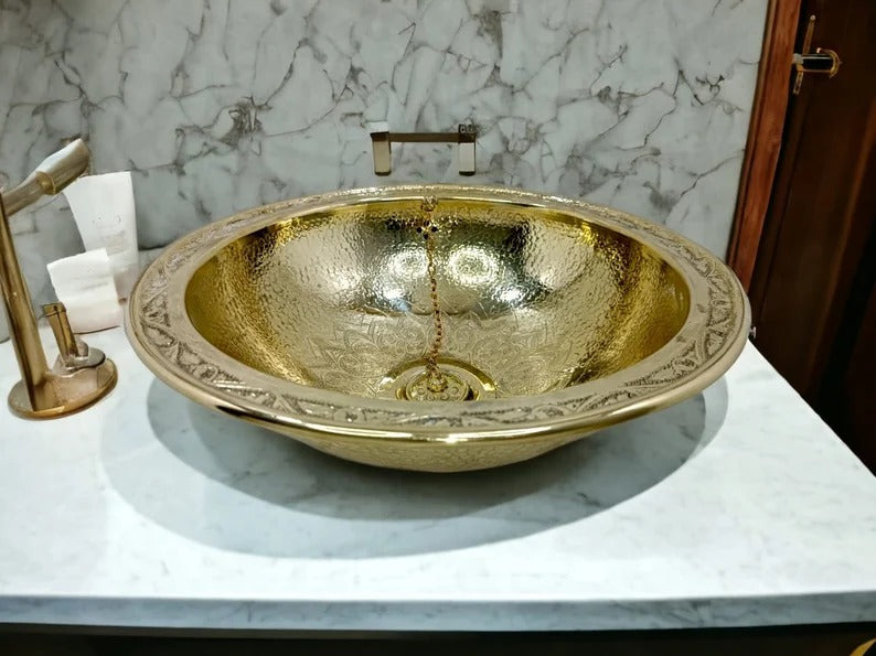 Custom Handmade Brass Sink – Solid Round Vessel Basin for Bathroom – Moroccan Artisanal Design