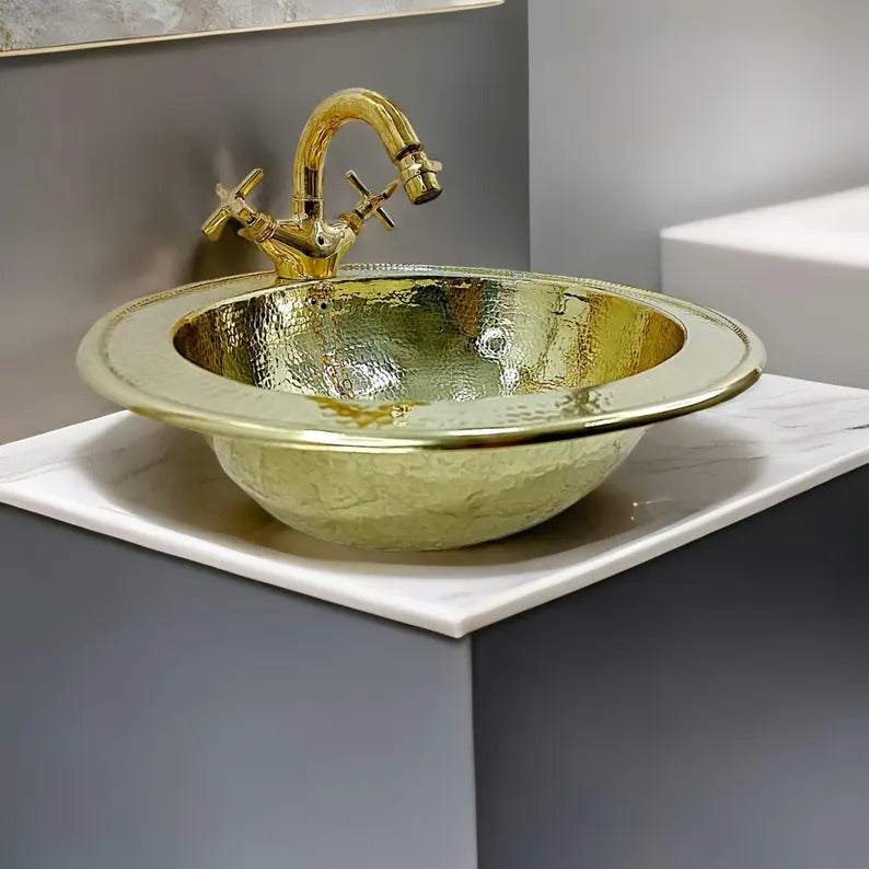 Custom Handmade Brass Sink – Solid Round Vessel Basin for Bathroom – Moroccan Artisanal Design