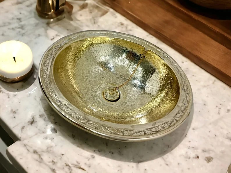 Custom Handmade Brass Sink – Solid Round Vessel Basin for Bathroom – Moroccan Artisanal Design
