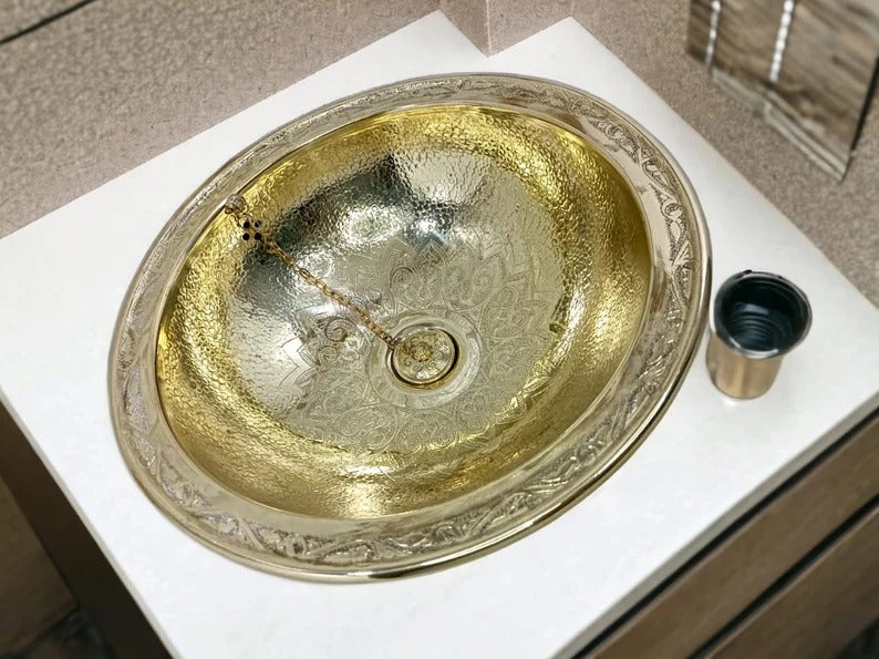 Custom Handmade Brass Sink – Solid Round Vessel Basin for Bathroom – Moroccan Artisanal Design