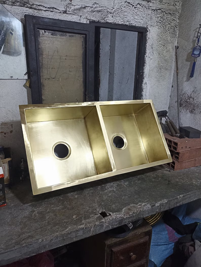 Solid Unlacquered Brass Undermount double Sink, Kitchen Bar Sink, Island Sink, Outdoor Sink, the drain for free